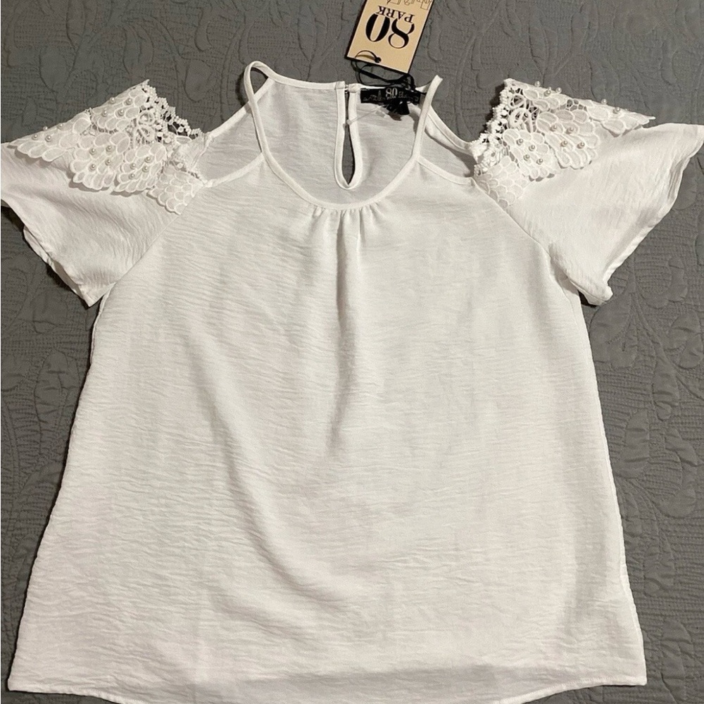 SO White Blouse with Lace Sleeves Off Shoulder